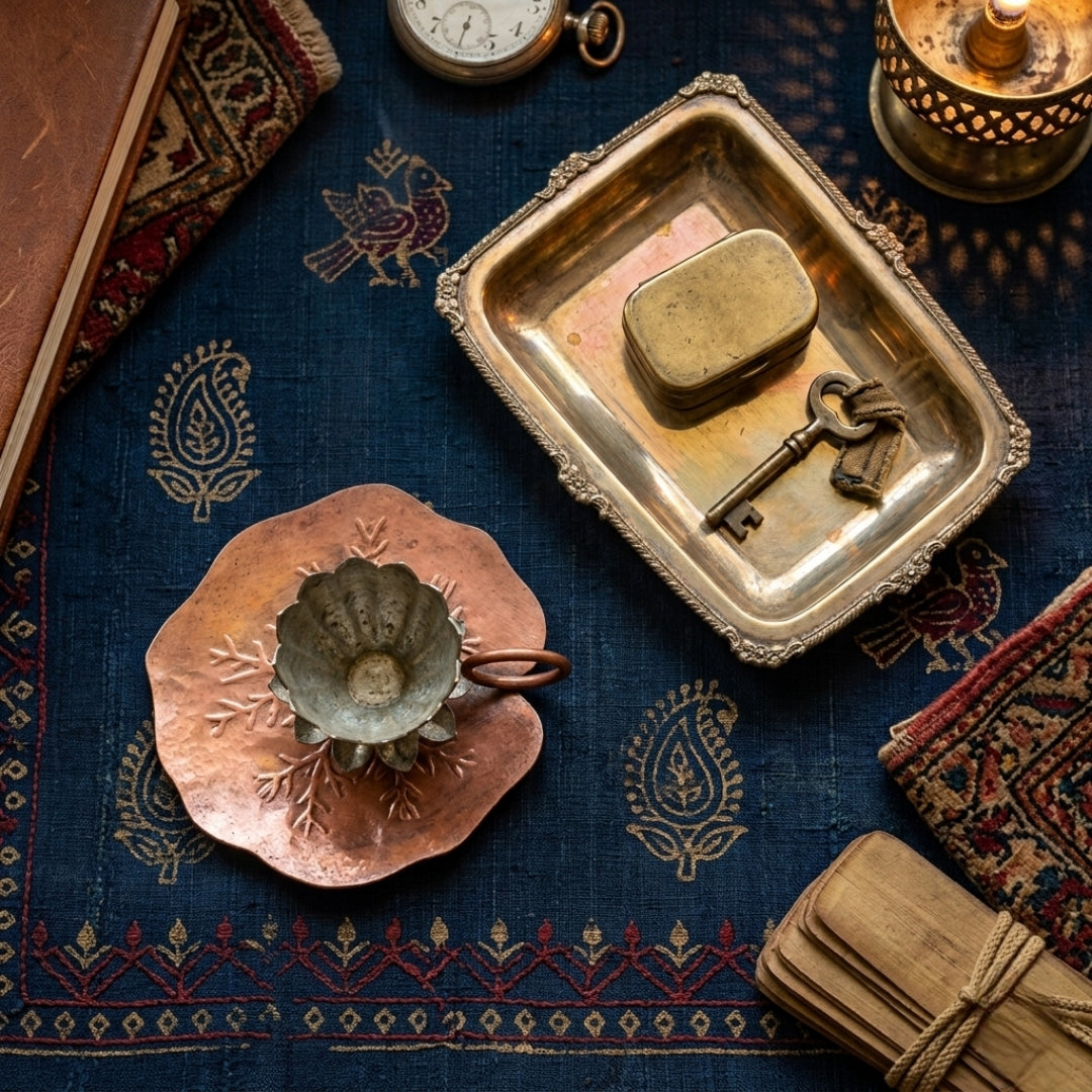 Antique Copper Lotus Candle Holder & Filigree Brass Tray Set | Premium Decorative Accent Set | Made in 1976