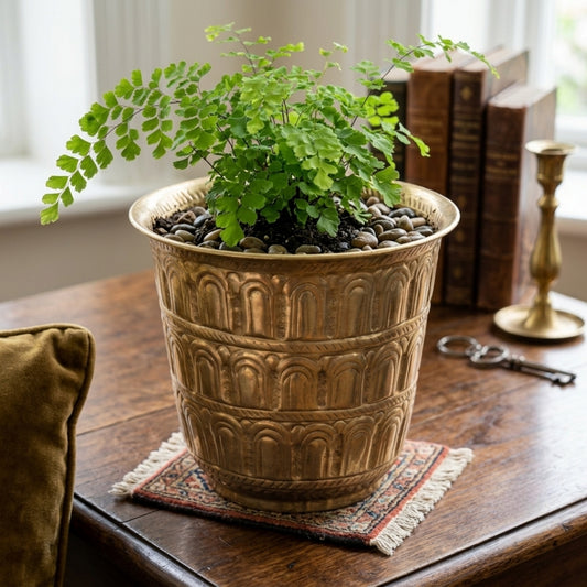 Antique Brass Embossed Arch Planter Pot | Decorative Indoor Plant Holder | Made in 1970 - Bombay Antiques