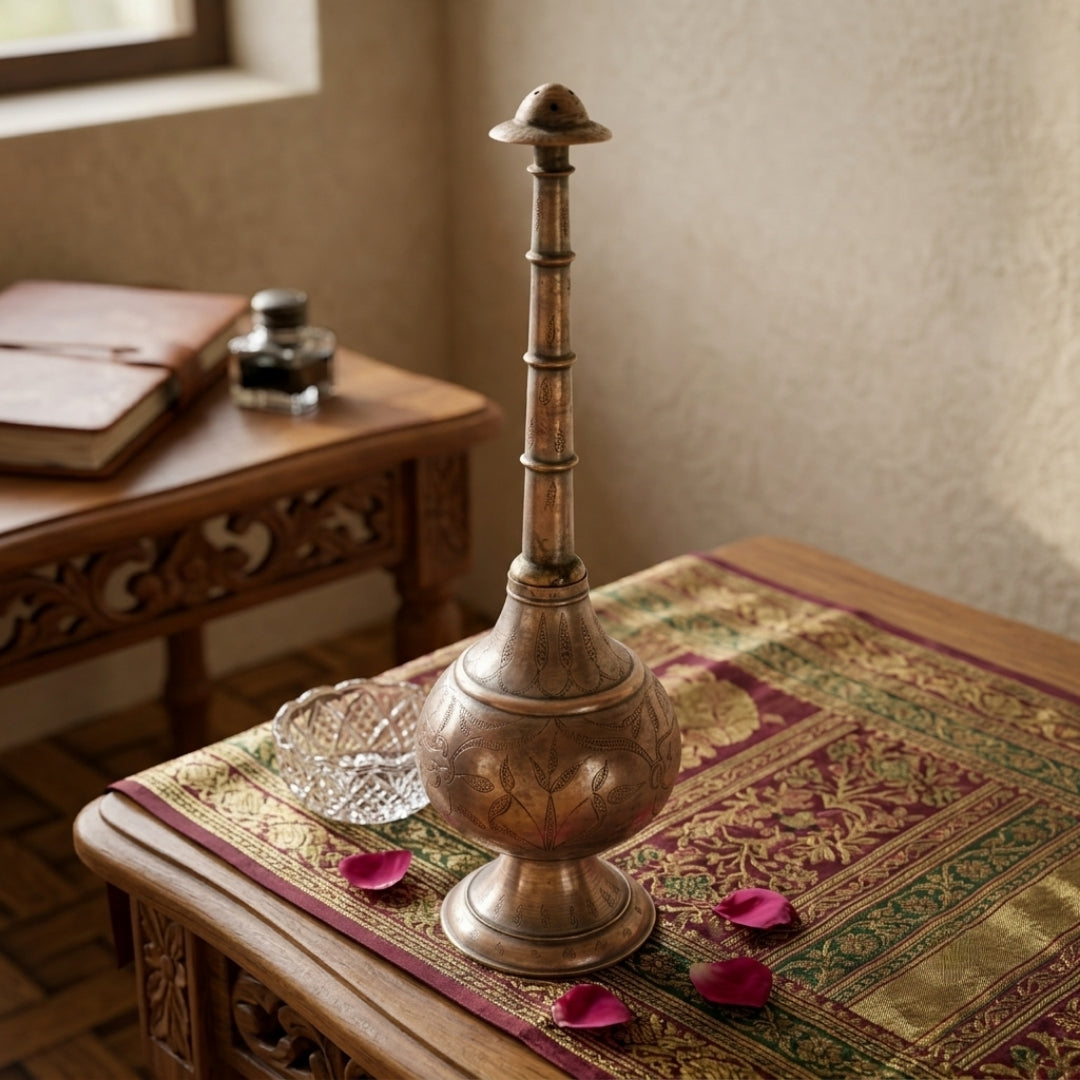 Antique Brass Floral Engraved Gulab Pash Rose Water Sprinkler | Traditional Hand-Carved Perfume Sprinkler | Made in 1972