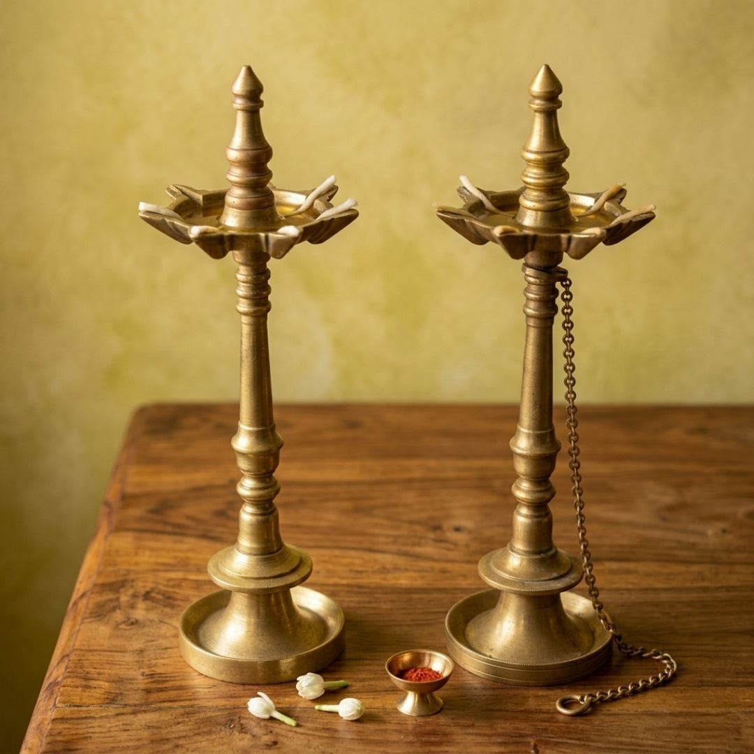 Antique Brass Samai Pair | Traditional Stand Diya Oil Lamp Pair | Made in 1976