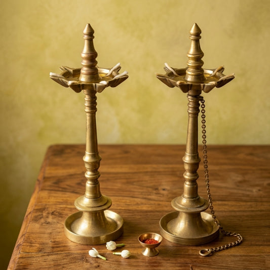 Antique Brass Samai Pair | Traditional Stand Diya Oil Lamp Pair | Made in 1976
