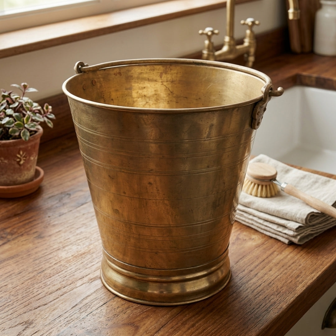 Antique Brass Traditional Bucket | Heavy-Gauge Multi-Purpose Decorative Vessel | Made in 1989