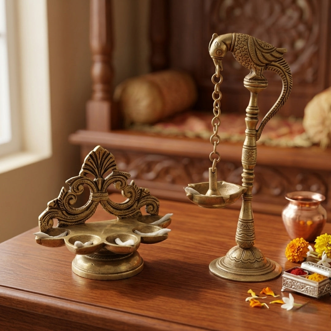 Antique Brass Ceremonial Diya Set | Multi-Wick Panch-Aarti & Hanging Bird Lamp | Made in 1981