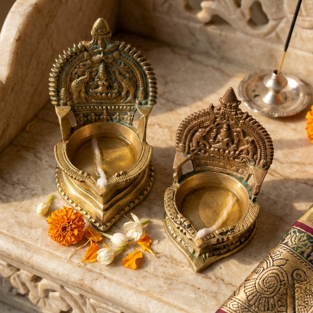 Antique Brass Engraved Kamakshi Diya Pair | Traditional Laxmi Oil Lamp Pair | Made in 1980