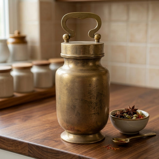Antique Brass Gangajal Vessel with Lid & Handle | Premium Sacred Holy Water Container | Made in 1974