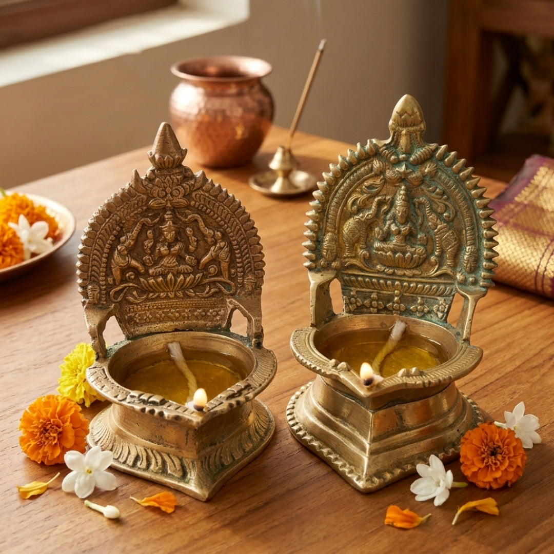 Antique Brass Engraved Kamakshi Diya Pair | Traditional Laxmi Oil Lamp Pair | Made in 1980