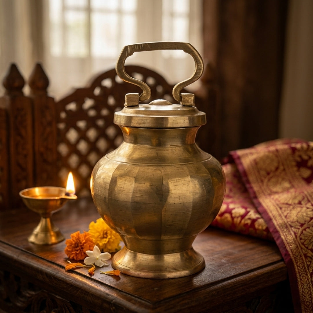 Antique Bronze Gangajal Pot with Lid & Handle | Traditional Holy Water Vessel | Made in 1972