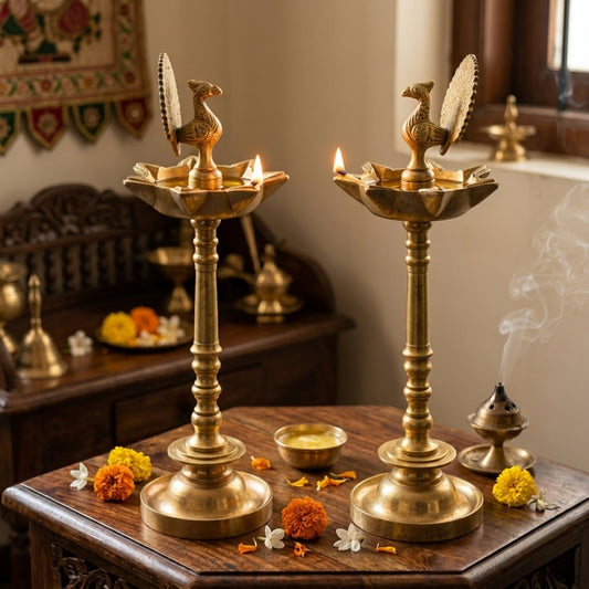 Antique Brass Peacock Diya Pair | Traditional Oil Lamp Pair | Made in 1979 - Bombay Antiques