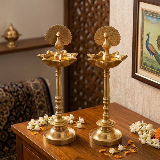 Antique Brass Peacock Diya Pair | Traditional Oil Lamp Pair | Made in 1979