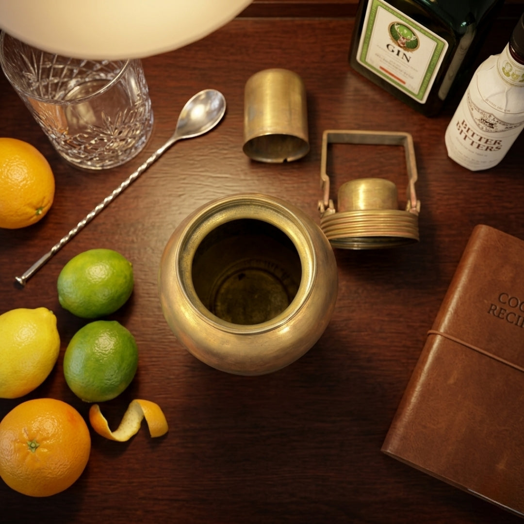 Antique Brass Travel Water Bottle with Tumbler Cup & Carrying Handle | Premium Antique Flask Set | Made in 1971