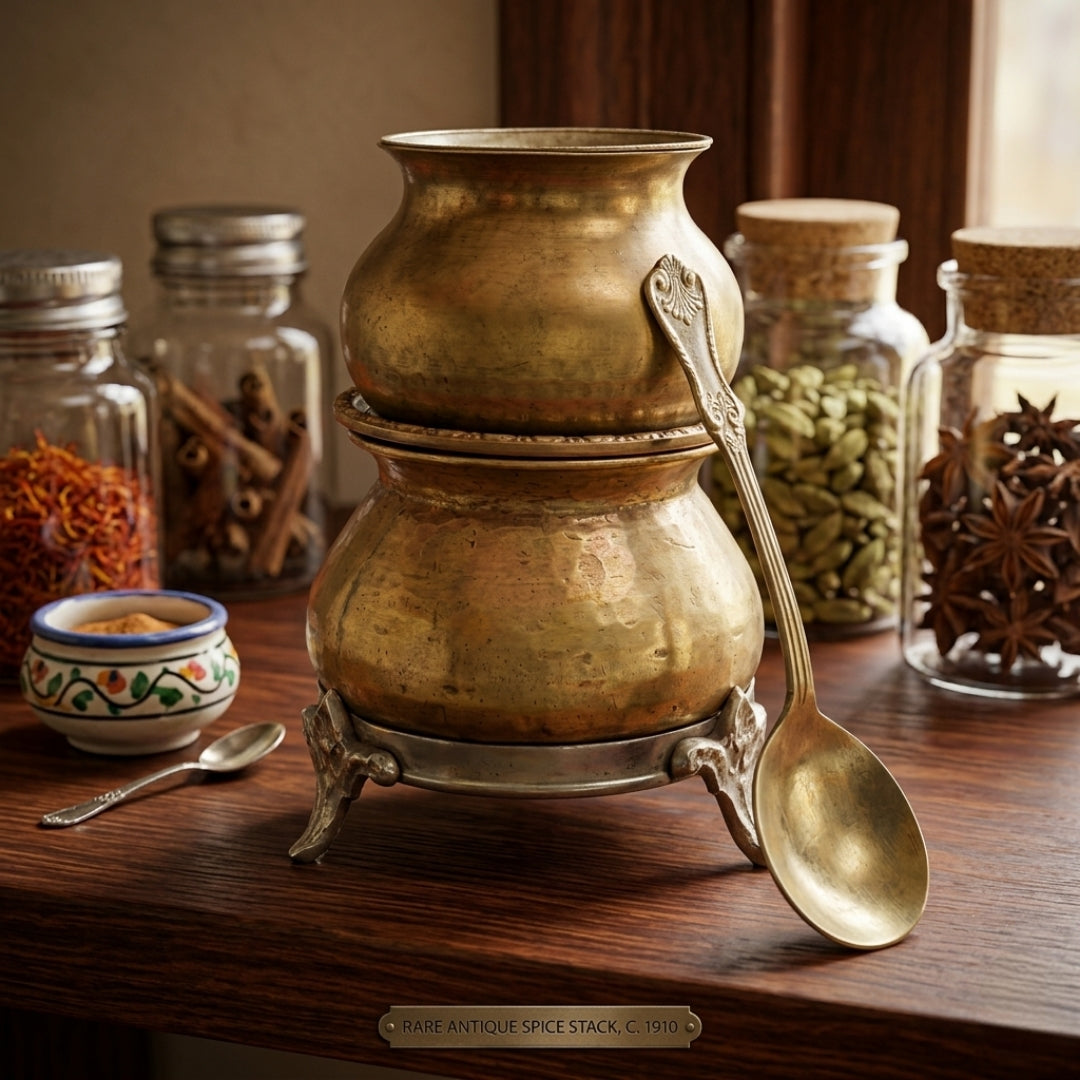 Antique Brass Kalash Pair with Footed Stand and Spoon | Traditional Ritual Water Vessel Set | Made in 1978