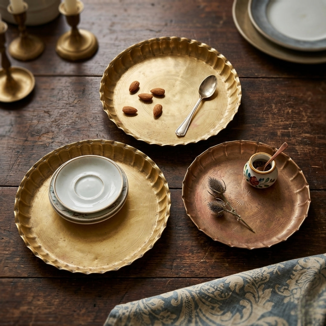 Antique Brass Decorative Plates Set of 3 | Fluted Thali Serving Dishes | Made in 1974