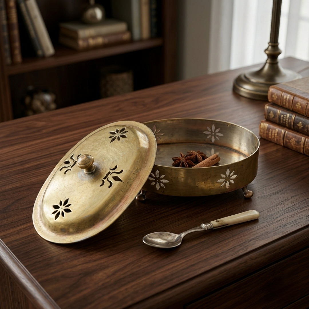 Antique Brass Oval Decorative Storage Box with Perforated Lid & Brass Legs | Rare Trinket Box | Made in 1976