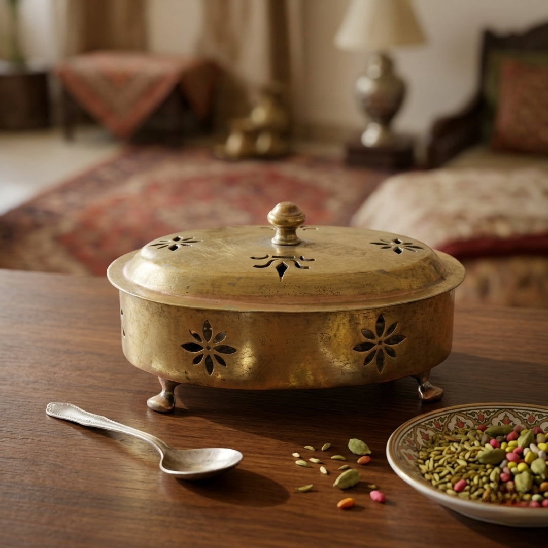 Antique Brass Oval Decorative Storage Box with Perforated Lid & Brass Legs | Rare Trinket Box | Made in 1976