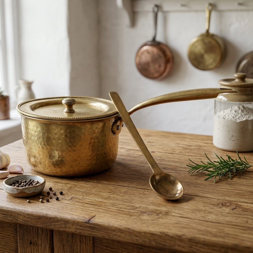 Antique Brass Cooking Saucepan with Handle, Lid & Ladle Set | Made in 1979