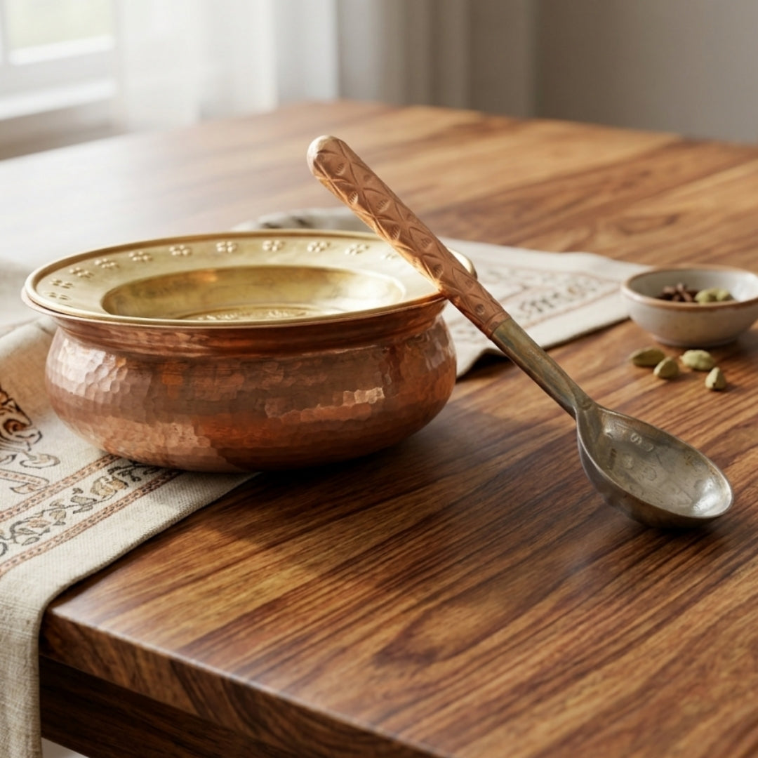 Antique Copper Hand-Hammered Deg Bowl with Engraved Brass Lid & Serving Ladle Set | Traditional Indian Culinary Vessel | Made in 1976