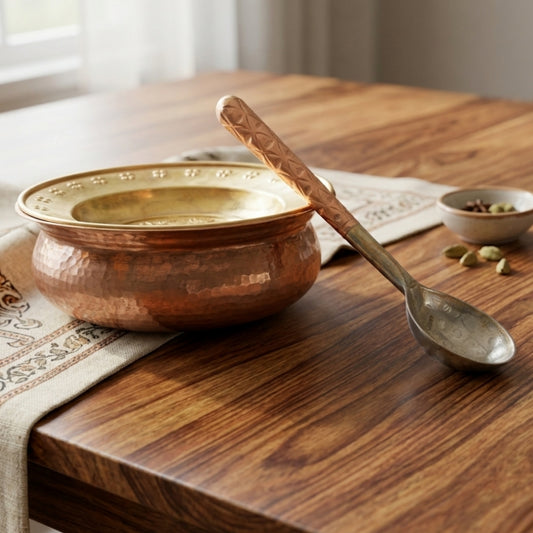 Antique Copper Hand-Hammered Deg Bowl with Engraved Brass Lid & Serving Ladle Set | Traditional Indian Culinary Vessel | Made in 1976