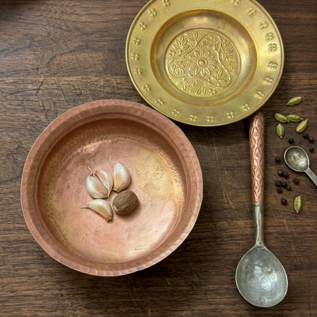 Antique Copper Hand-Hammered Deg Bowl with Engraved Brass Lid & Serving Ladle Set | Traditional Indian Culinary Vessel | Made in 1976