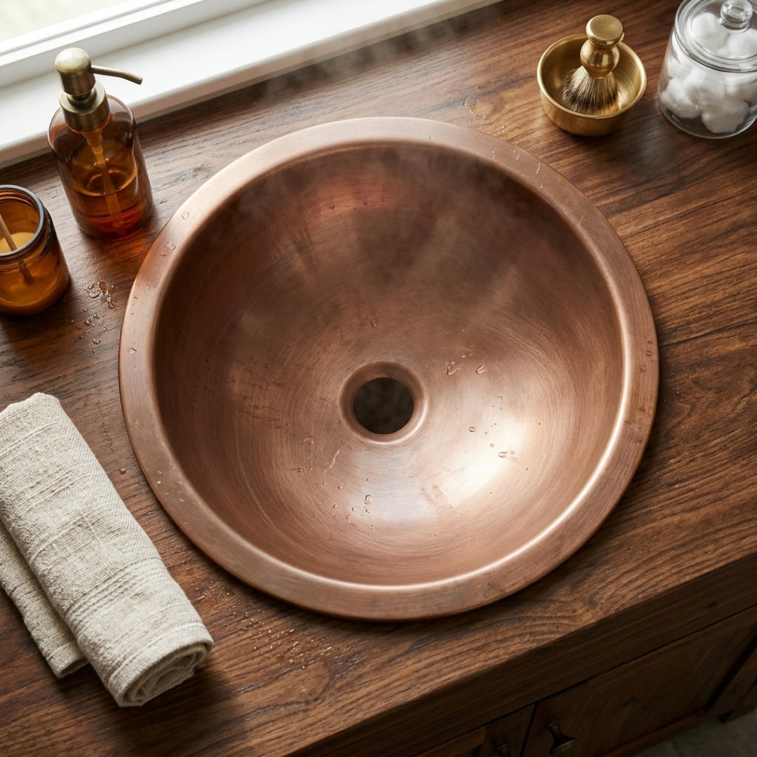 Antique Copper Wash Basin Sink | Hand-Carved Floral Bowl Platter | Made in 1969