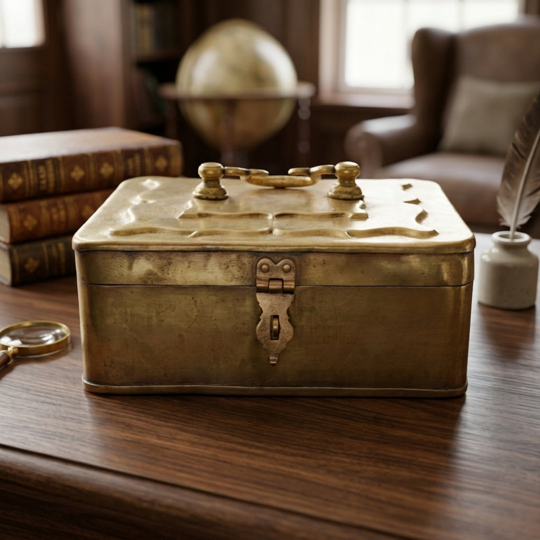 Antique Brass Cash Box with Hinged Lid and Latch | Traditional Hinged Storage Trunk | Made in 1970
