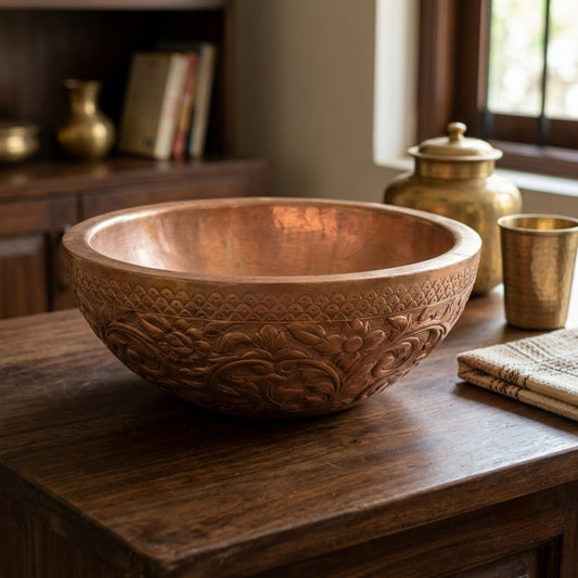 Antique Copper Wash Basin Sink | Hand-Carved Floral Bowl Platter | Made in 1969 - Bombay Antiques