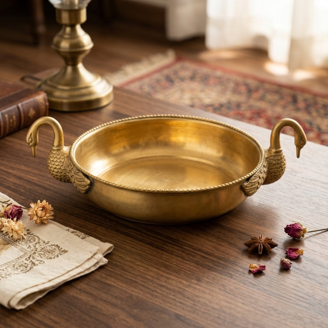 Antique Brass Peacock Handle Decorative Bowl | Traditional Urli Serving Tray | Made in 1971