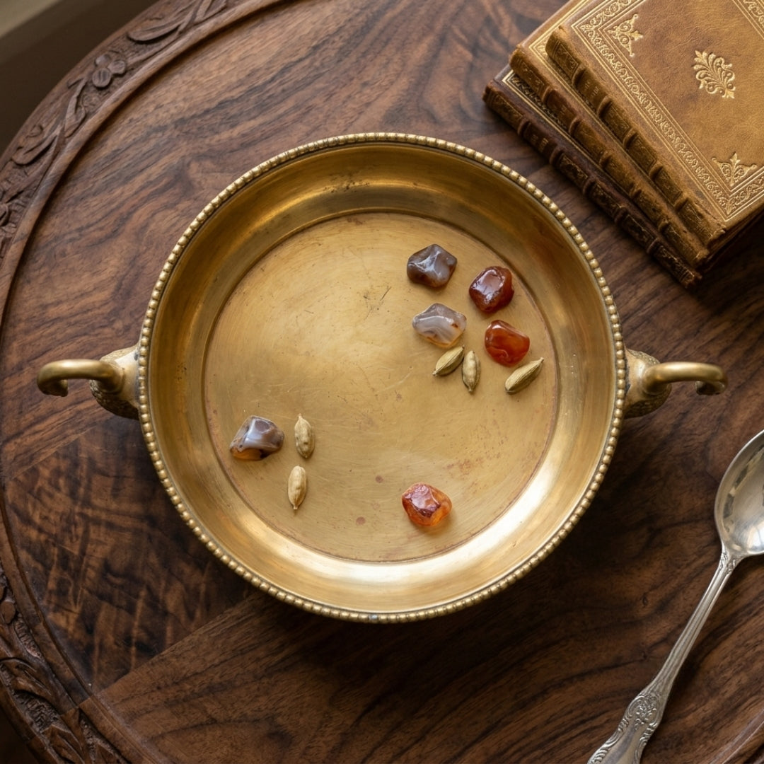 Antique Brass Peacock Handle Decorative Bowl | Traditional Urli Serving Tray | Made in 1971
