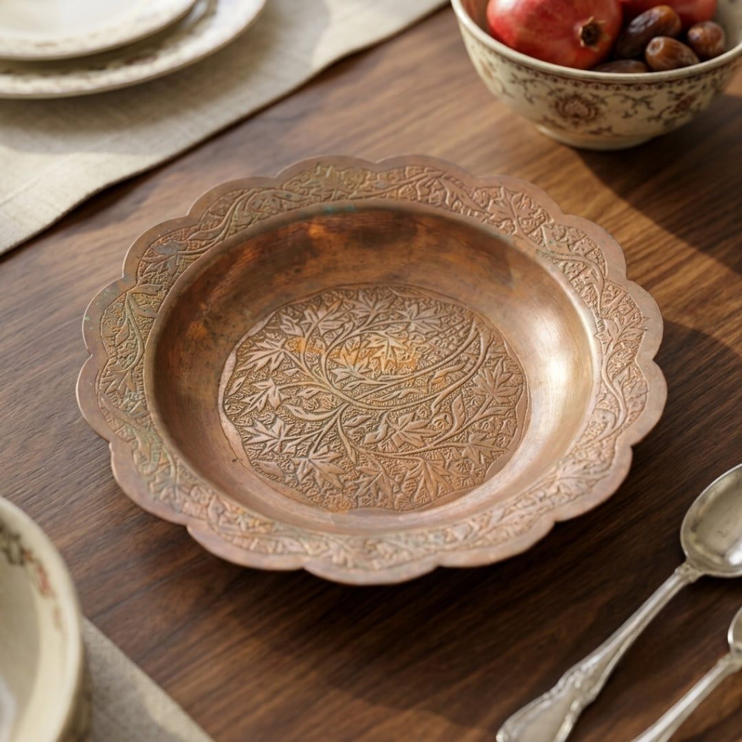 Antique Copper Hand-Engraved Decorative Plate Tray | Scalloped Floral Serving Platter | Made in 1970s