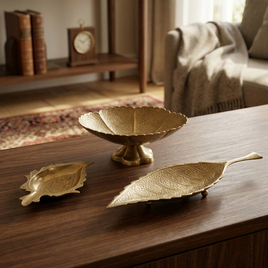 Antique Brass Engraved Decorative Tableware Set of 3 | Hand-Carved Bowl & Leaf Dishes | Made in 1971 - Bombay Antiques