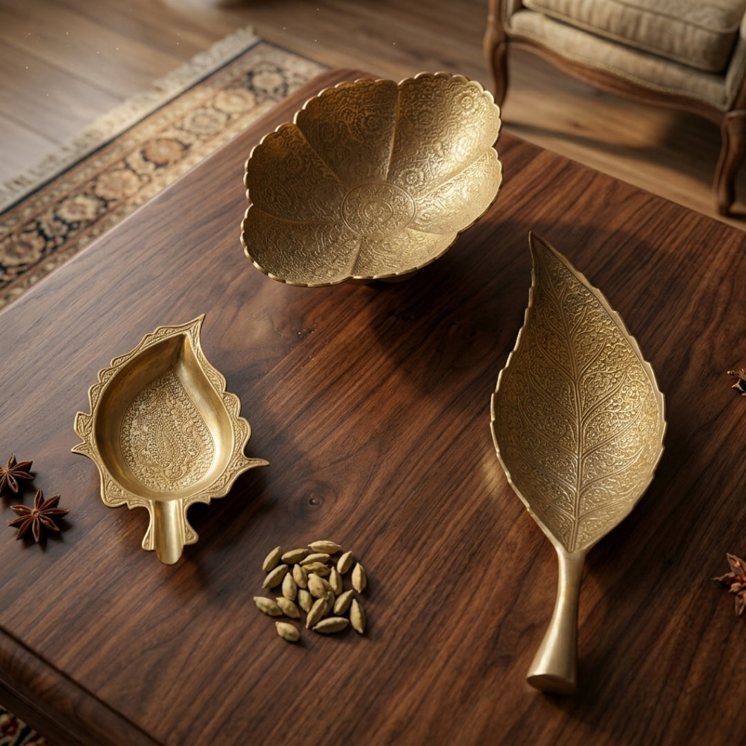 Antique Brass Engraved Decorative Tableware Set of 3 | Hand-Carved Bowl & Leaf Dishes | Made in 1971