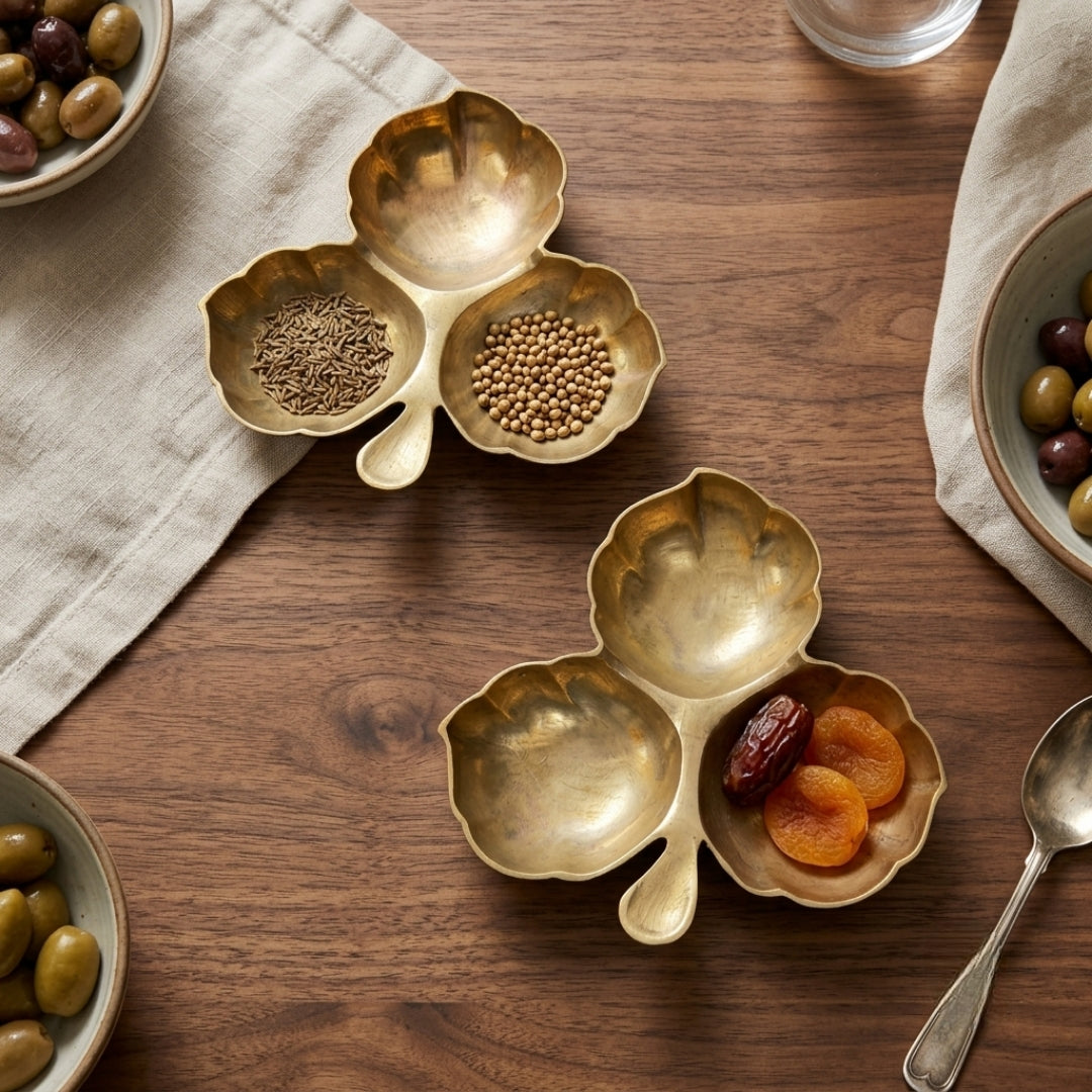 Antique Brass Leaf-Shaped 3-Compartment Serving Trays in Pair | Traditional Platter Set | Made in 1979