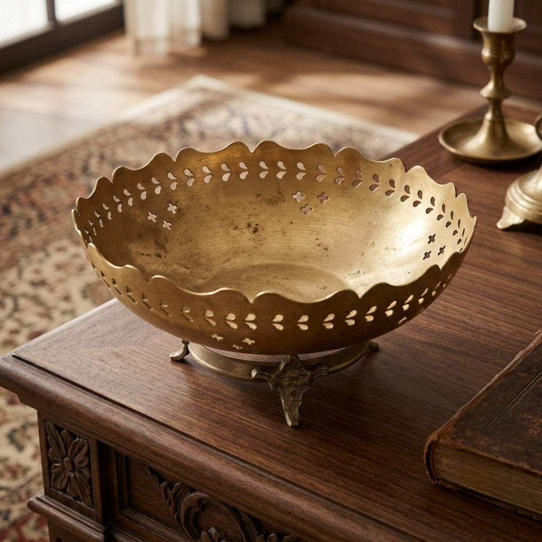 Antique Brass Perforated Decorative Bowl with Stand | Traditional Pedestal Urli | Made in 1977