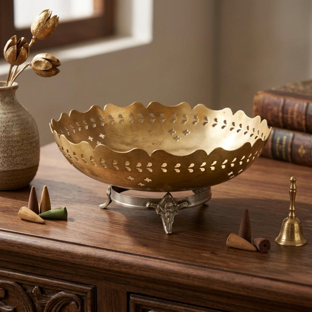 Antique Brass Perforated Decorative Bowl with Stand | Traditional Pedestal Urli | Made in 1977