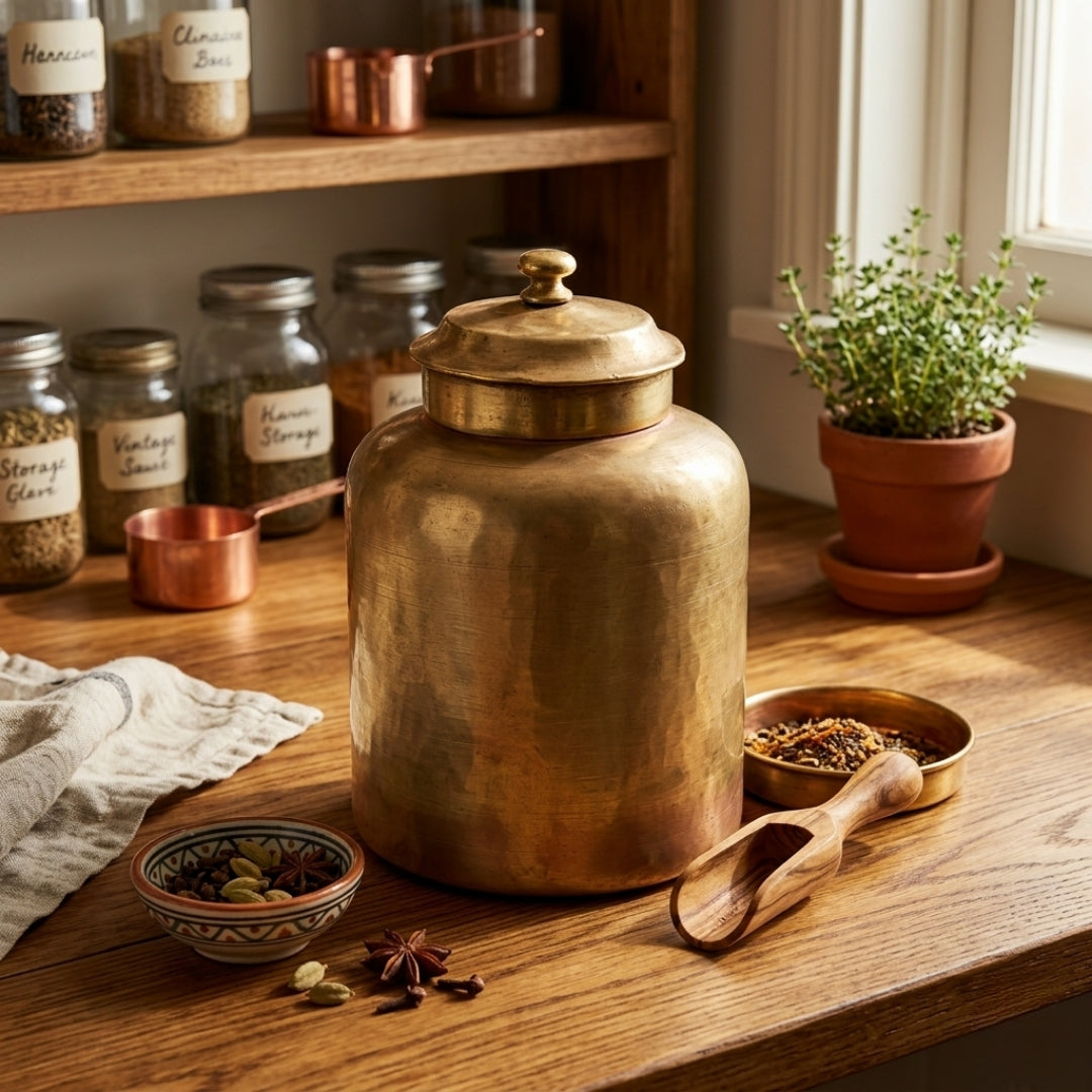 Antique Brass Kitchen Storage Jar Container with Lid | Traditional Spice Grain Storage Vessel Barni | Made in 1981