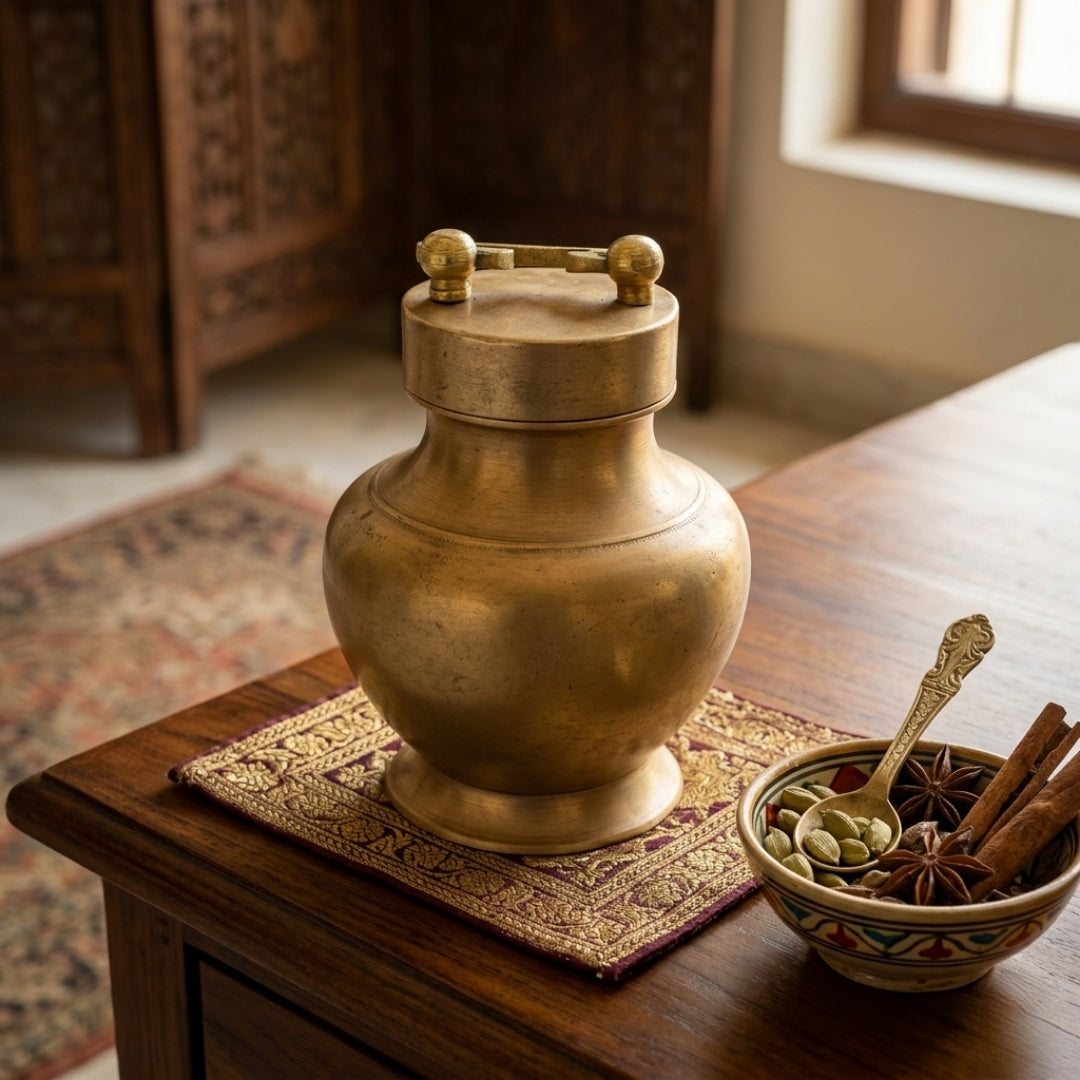 Antique Brass Gangajal Pot with Lid and Handle | Traditional Holy Water Vessel | Made in 1978