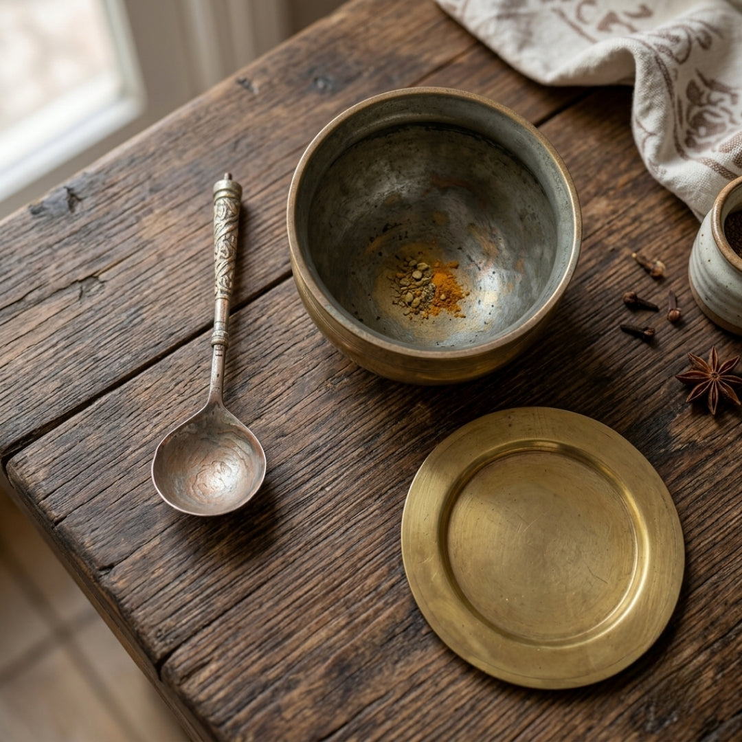 Antique Brass and Bronze Pot with Lid and Spoon | Traditional Cooking and Serving Vessel | Made in 1977