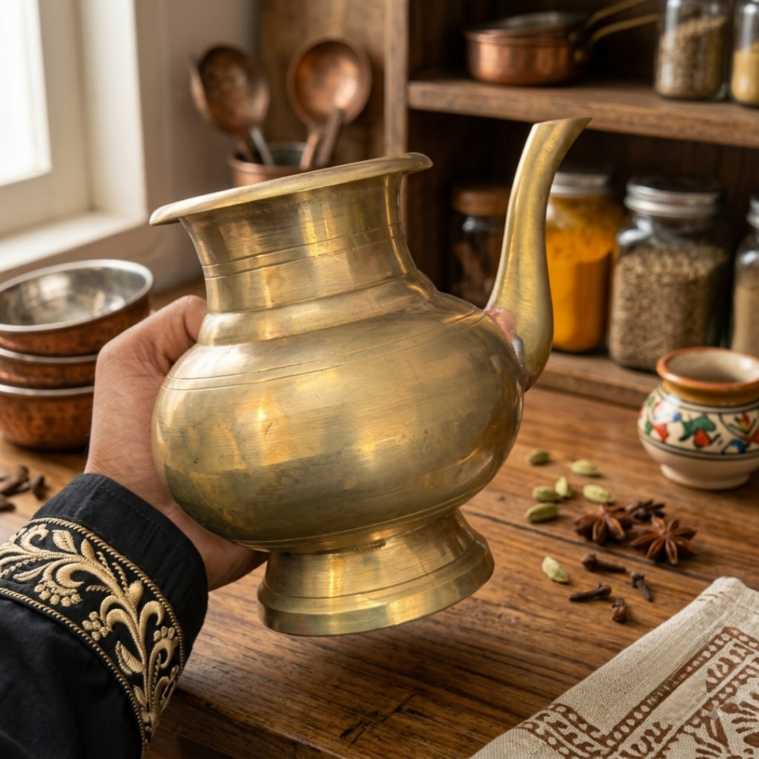 Antique Brass Kamandal Spouted Pot | Traditional Sacred Water Vessel | Made in 1979