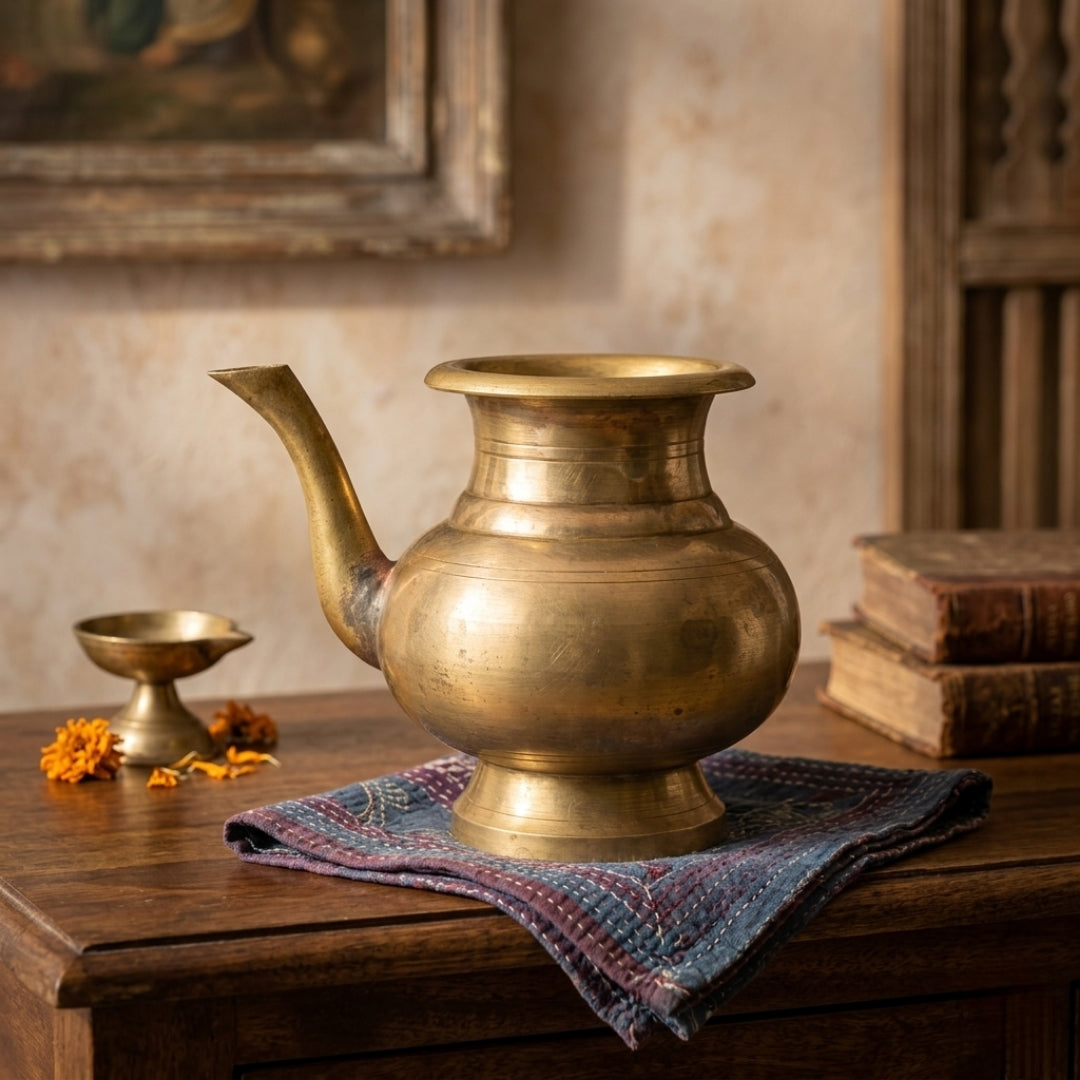 Antique Brass Kamandal Spouted Pot | Traditional Sacred Water Vessel | Made in 1979