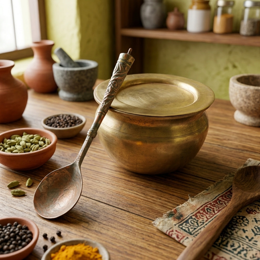 Antique Brass and Bronze Pot with Lid and Spoon | Traditional Cooking and Serving Vessel | Made in 1977