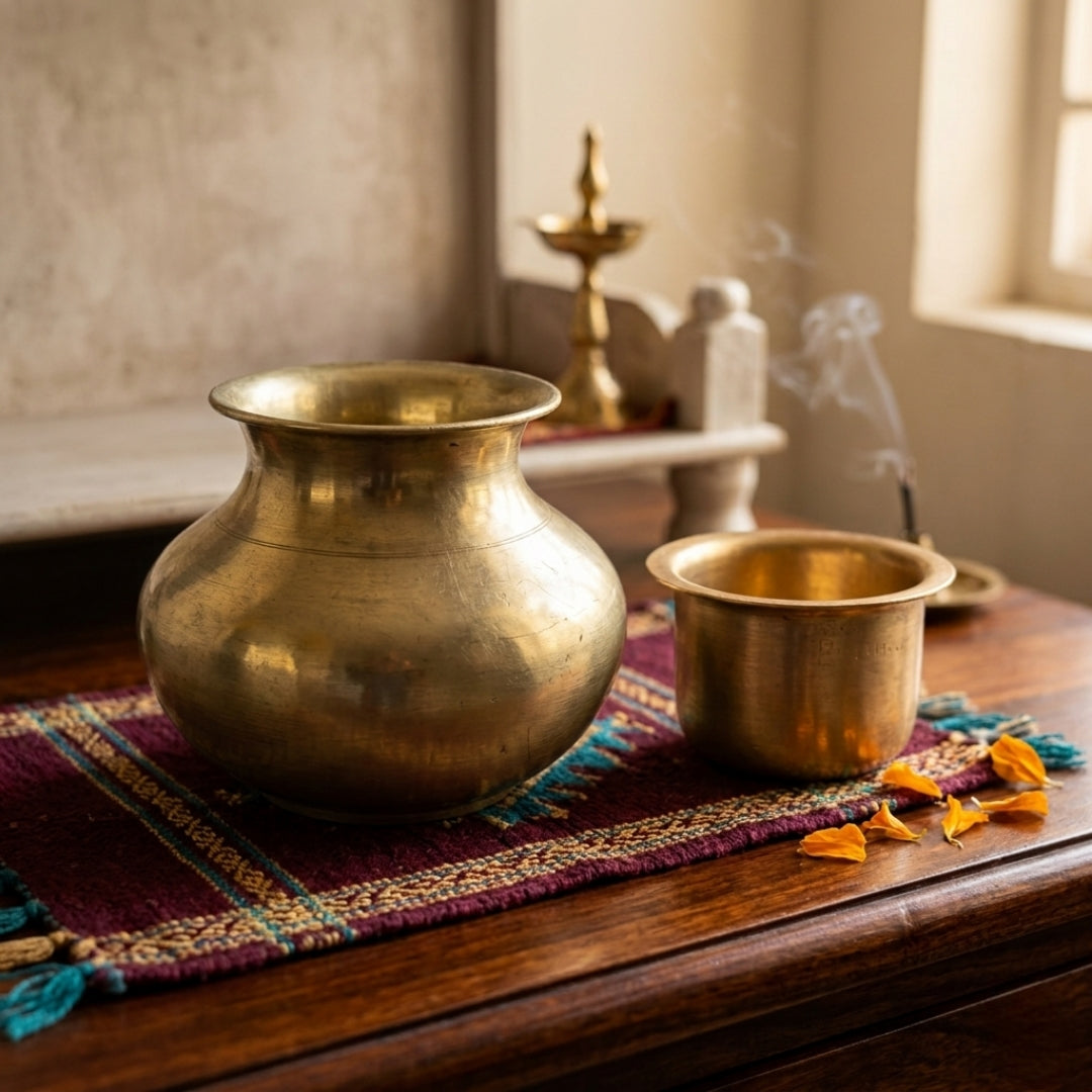 Antique Brass Kalash with Pyala Set | Traditional Ritual Water Vessel and Cup | Made in 1979