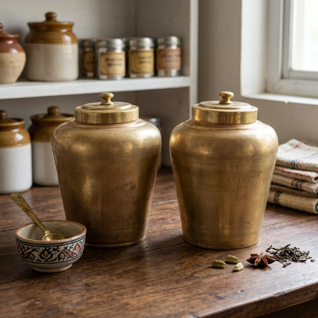 Antique Brass Storage Jars with Lids Pair | Traditional Storage Containers | Made in 1973