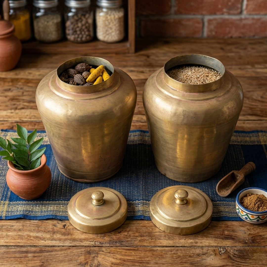 Antique Brass Storage Jars with Lids Pair | Traditional Storage Containers | Made in 1973