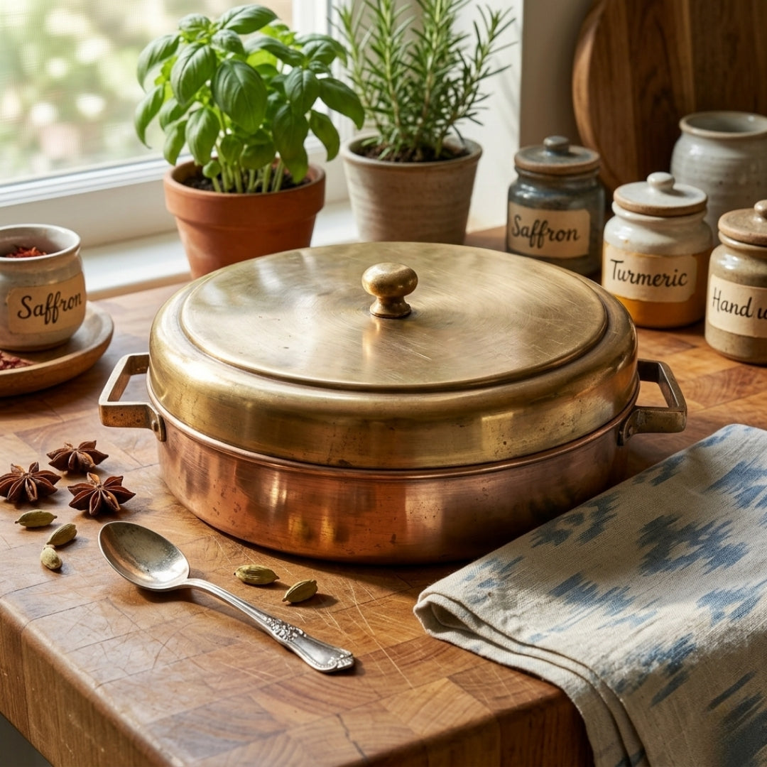 Antique Brass and Copper Shallow Dabba Box with Lid and Side Handles | Traditional Storage Vessel | Made in 1970