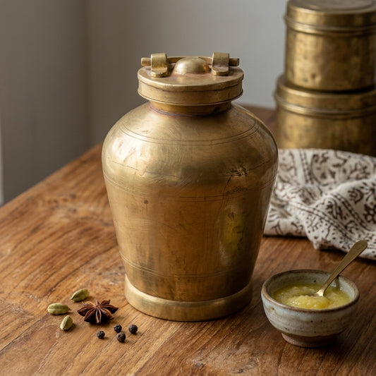 Antique Brass Ghee Container Pot with Latch Handle Lid | Traditional Storage Jar | Made in 1970 - Bombay Antiques