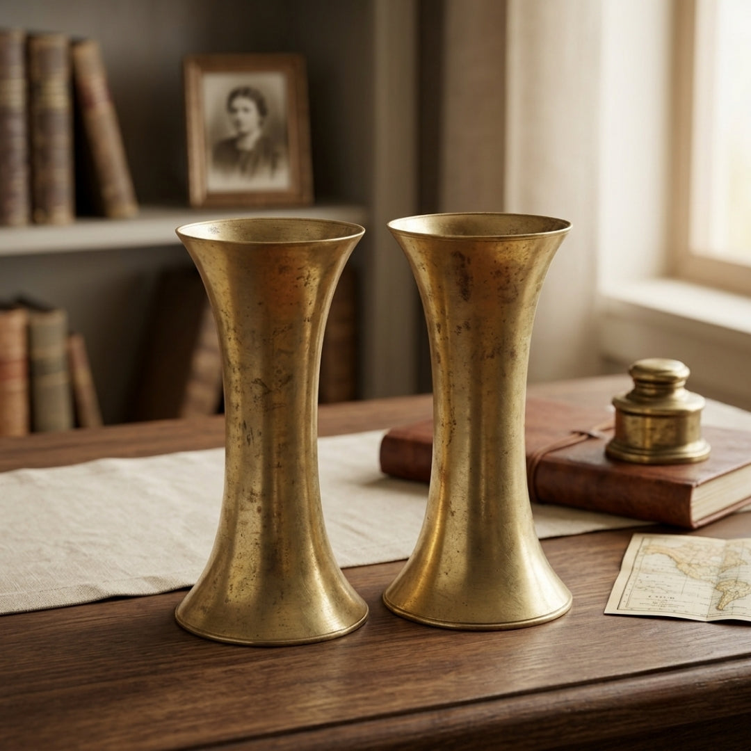 Antique Bronze Flower Vase Pair | Minimalist Hourglass Fluted Vases | Made in 1978