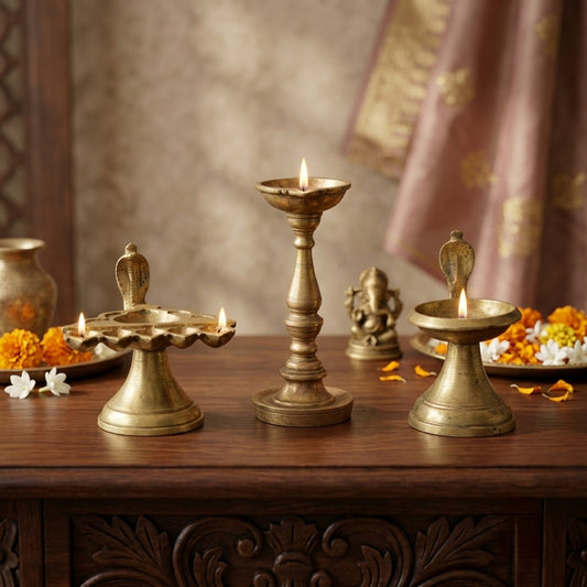 Antique Brass Naga Diya Oil Lamp Set of 3 | Traditional Brass Lamps | Made in 1980