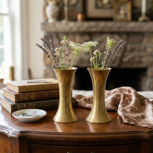 Antique Bronze Flower Vase Pair | Minimalist Hourglass Fluted Vases | Made in 1978 - Bombay Antiques