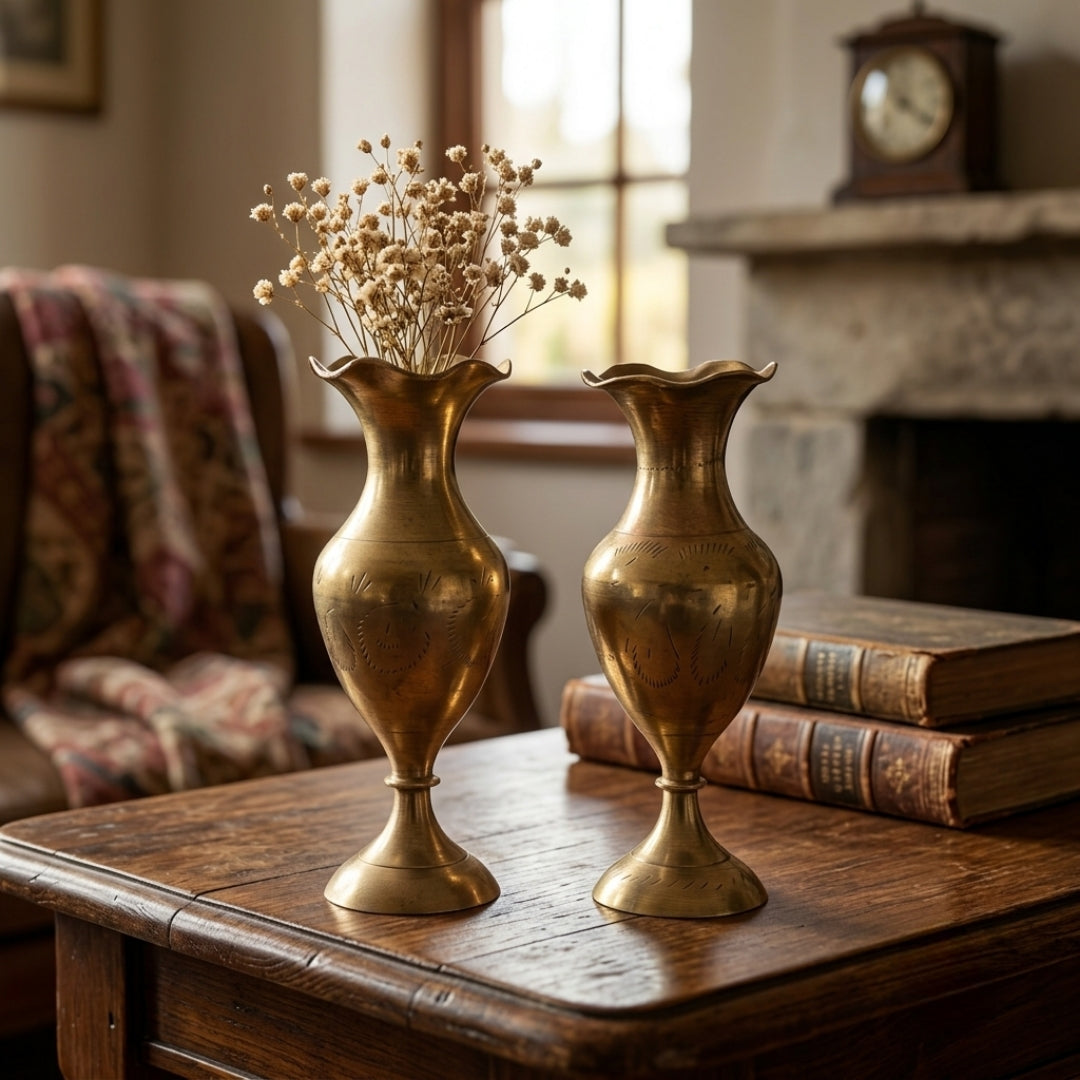 Antique Brass Engraved Flower Vase Set of 2 | Fluted Rim Pedestal Vases | Made in 1981