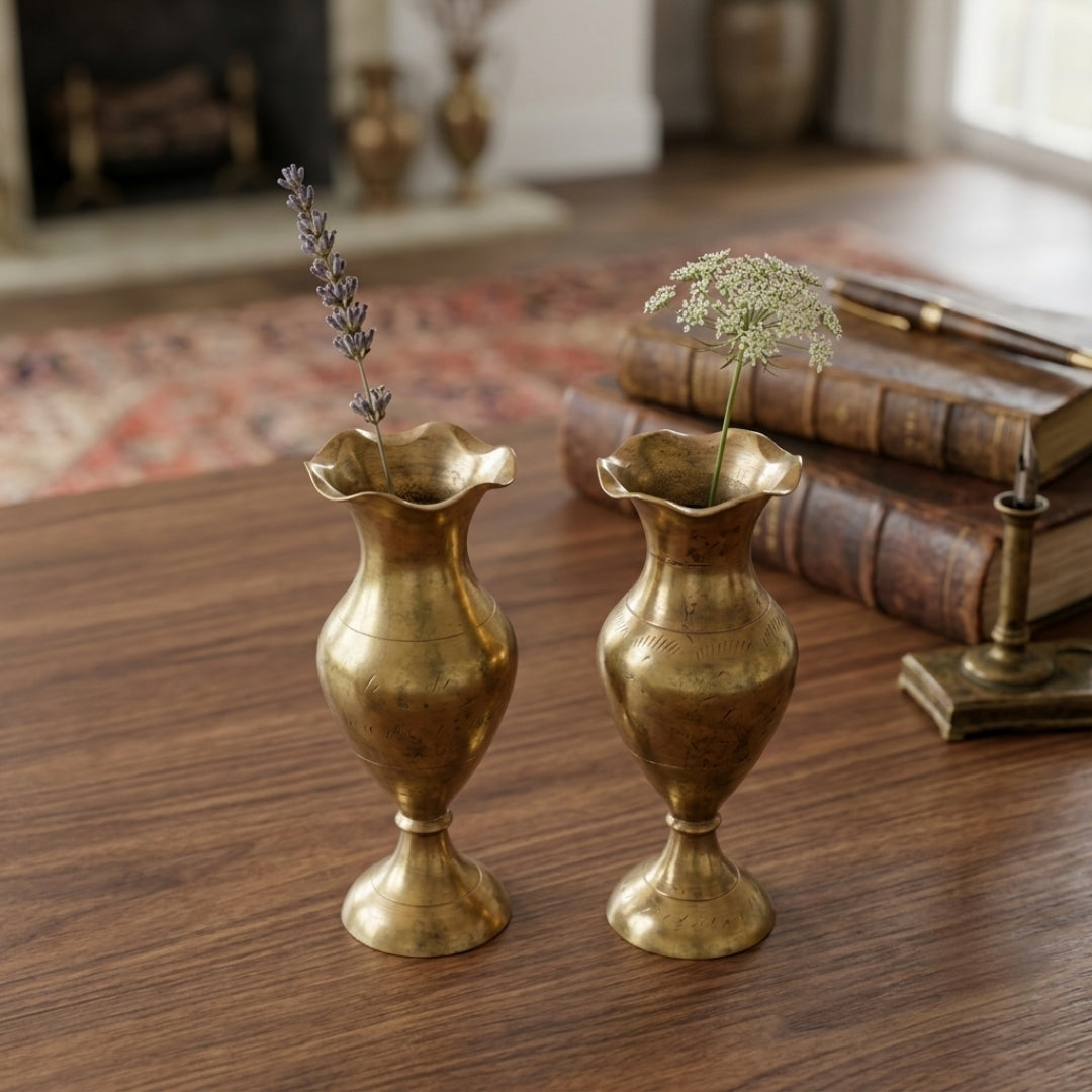 Antique Brass Engraved Flower Vase Set of 2 | Fluted Rim Pedestal Vases | Made in 1981