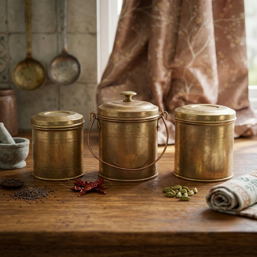 Antique Brass Storage Dabba Set of 3 | Traditional Kitchen Canisters | Made in 1978